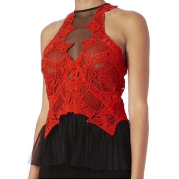 INTERMIX JONATHON SIMKHAI BLACK RED LACE TULLE PEPLUM FITTED TOP SIZE 2 NWT - Picture 1 of 13